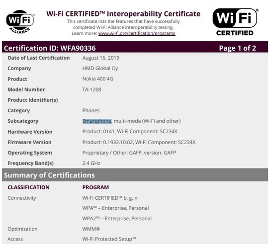 Nokia 400 4G Wi-Fi certification image for 2020 in India