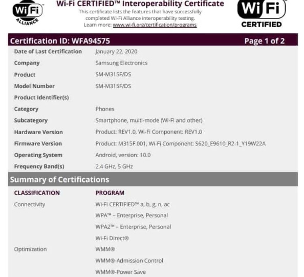 Samsung Galaxy M31 with Wi-Fi certification pic