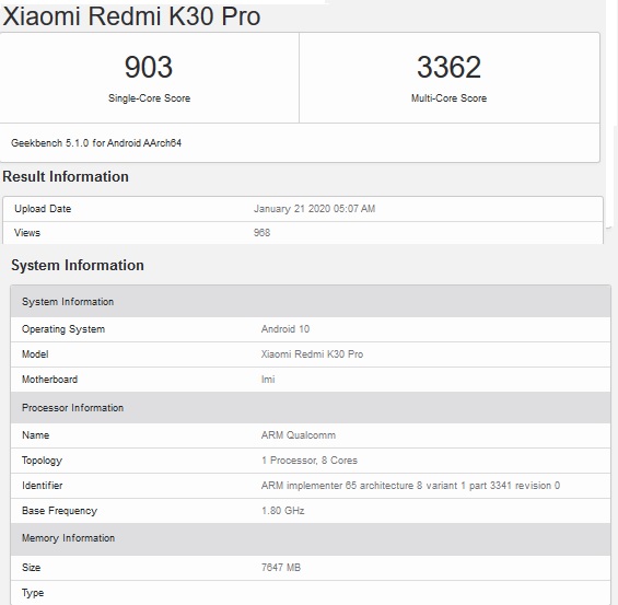 Xiaomi Redmi K30 Pro appears on Geekbench with features details pic