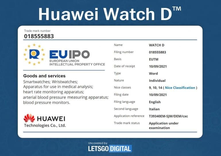 Huawei Smart Watch D details on patent document with EU IMAGE